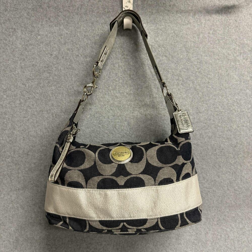 Coach Carly Signature Blue Denim Silver Stripe Canvas Hobo Satchel Purse F17434